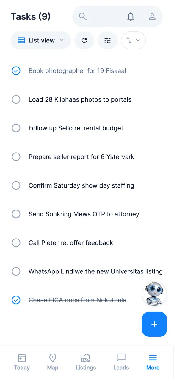 Tasks screen: follow-ups, some ticked off