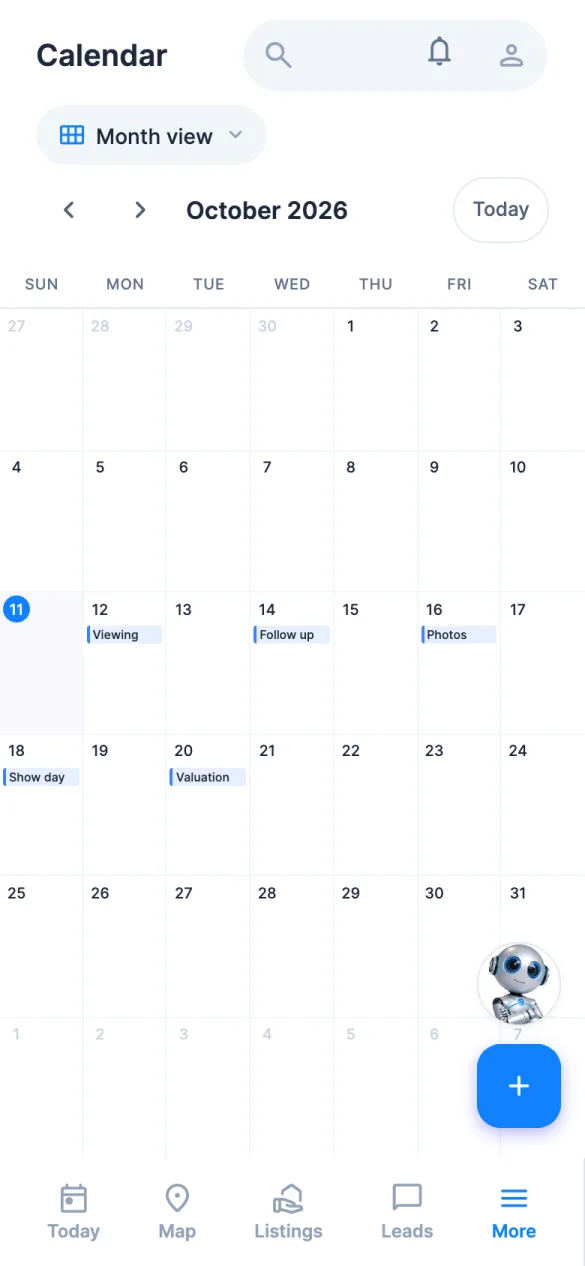 RealtyPA app with sample data: the Calendar in month view with five sample appointments