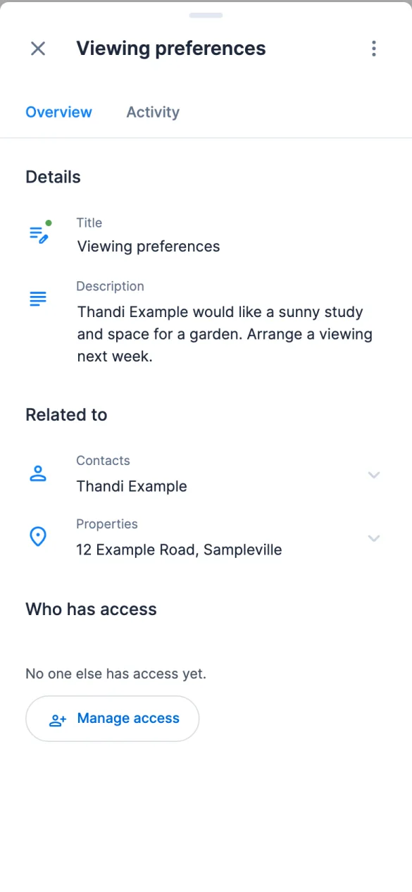 RealtyPA app with sample data: a note with a title, a description, a related contact and property, and who has access